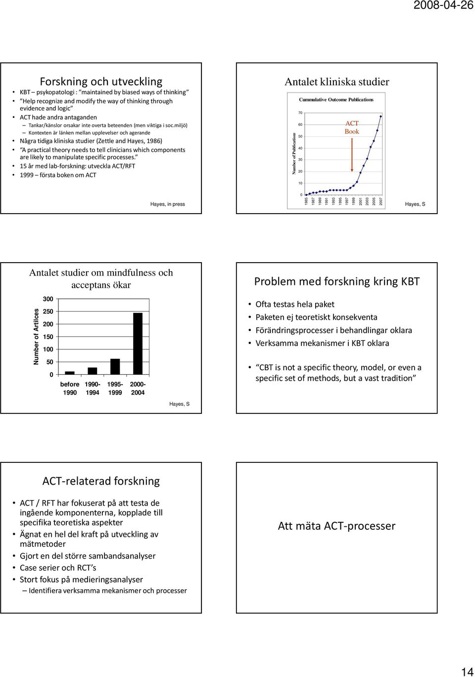 miljö) Kontexten är länken mellan upplevelser och agerande Några tidiga kliniska studier (Zettle and Hayes, 1986) A practical theory needs to tell clinicians which components are likely to manipulate