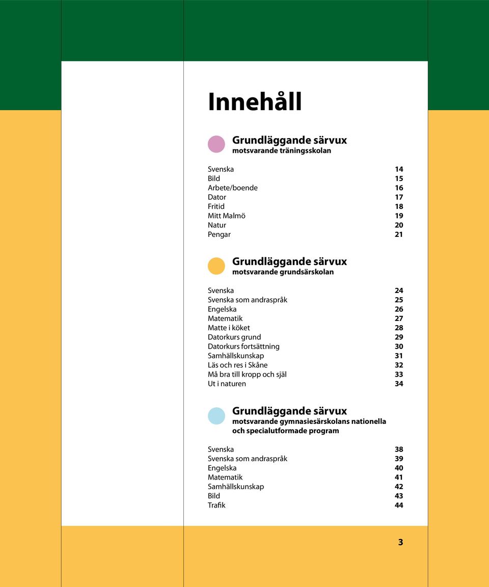 Datorkurs fortsättning 30 Samhällskunskap 31 Läs och res i Skåne 32 Må bra till kropp och själ 33 Ut i naturen 34 Grundläggande särvux motsvarande