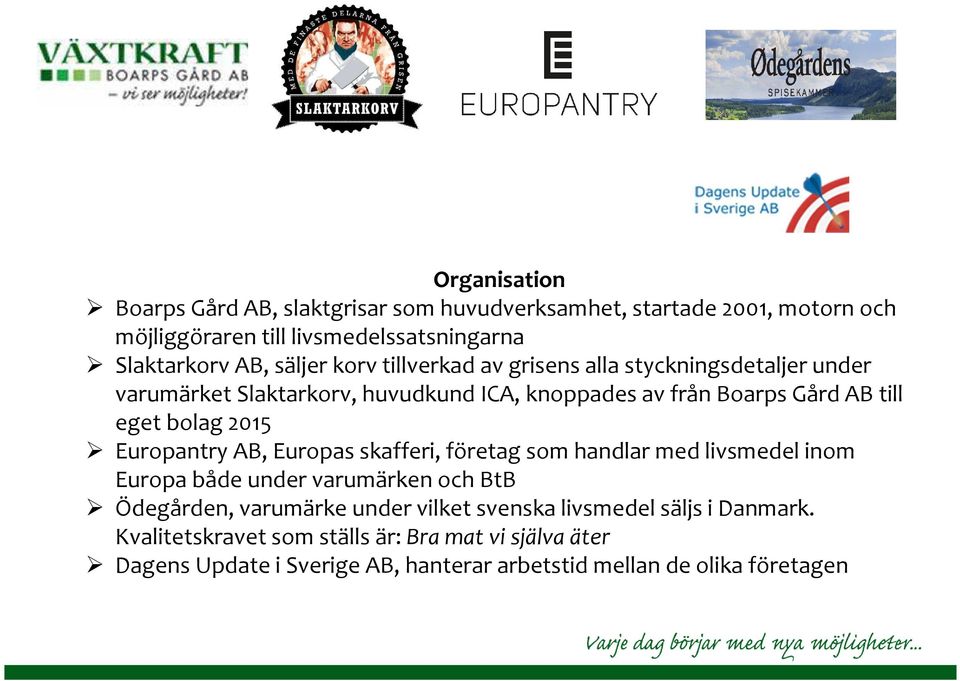 2015 EuropantryAB, Europas skafferi, företag som handlar med livsmedel inom Europa både under varumärken och BtB Ödegården, varumärke under vilket