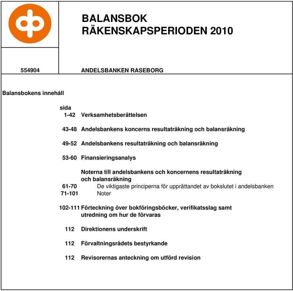 resultaträkning och balansräkning 61-70 De viktigaste principerna för upprättandet av bokslutet i andelsbanken 71-101 Noter 102-111 Förteckning över