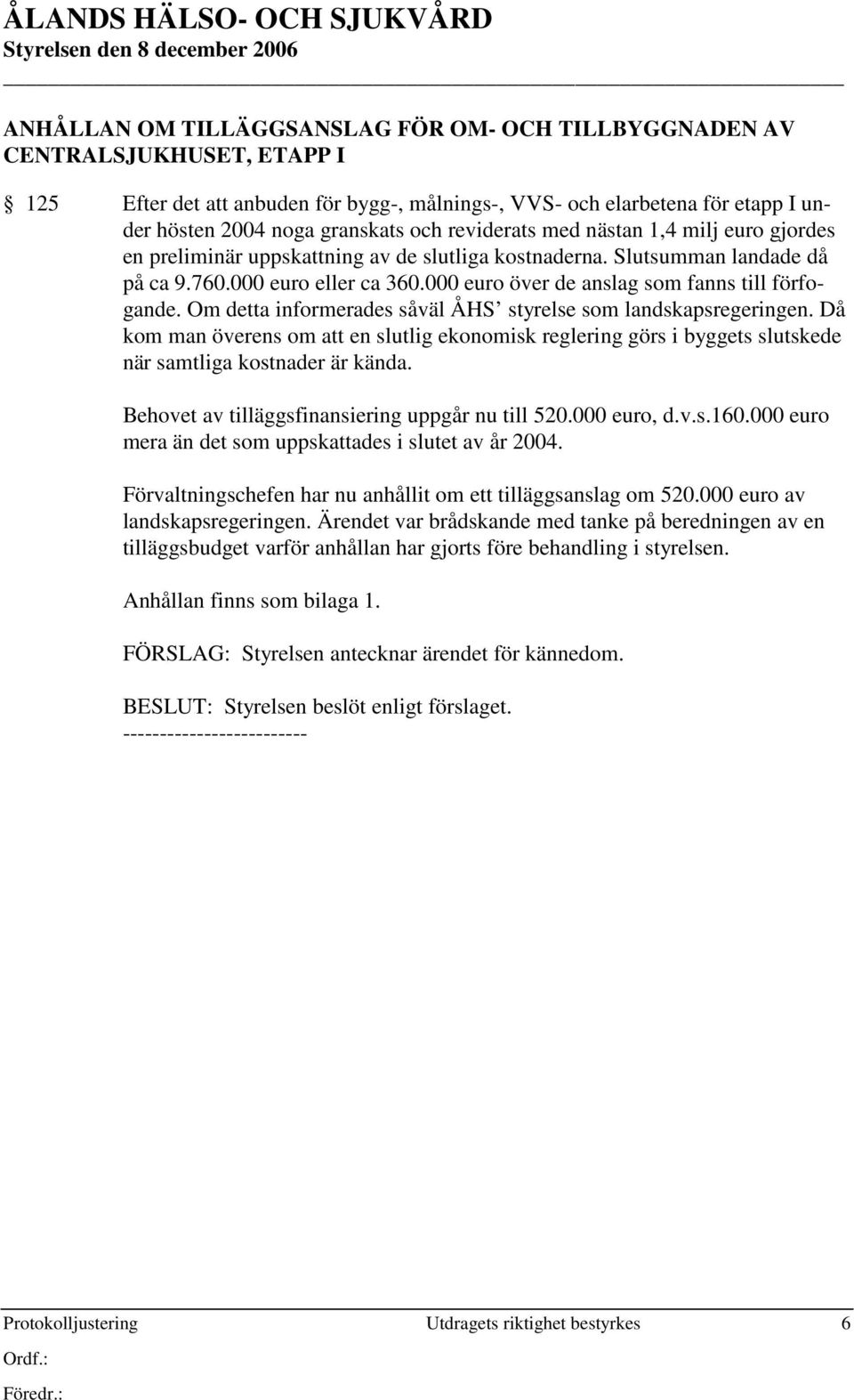 000 euro över de anslag som fanns till förfogande. Om detta informerades såväl ÅHS styrelse som landskapsregeringen.