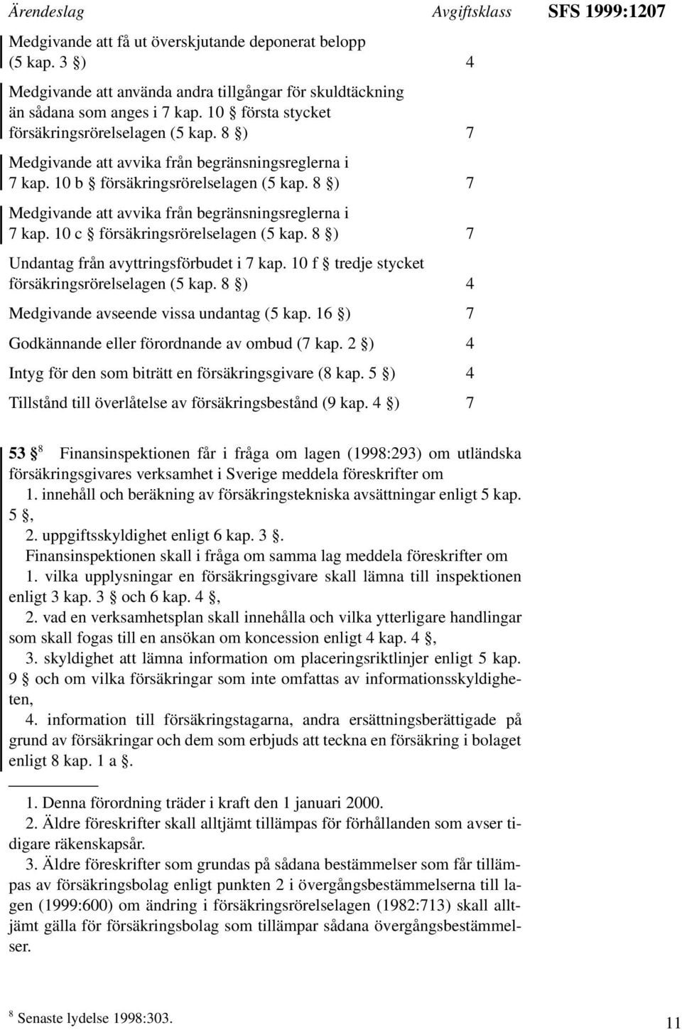 8 ) 7 Medgivande att avvika från begränsningsreglerna i 7 kap. 10 c försäkringsrörelselagen (5 kap. 8 ) 7 Undantag från avyttringsförbudet i 7 kap. 10 f tredje stycket försäkringsrörelselagen (5 kap.