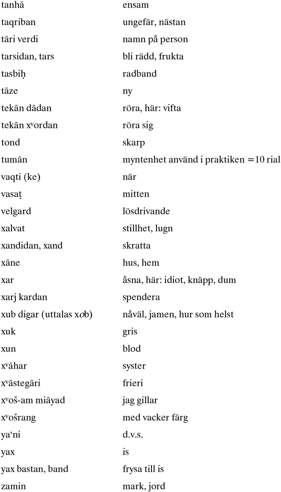 xand skratta xāne hus, hem xar åsna, här: idiot, knäpp, dum xarj kardan spendera xub digar (uttalas xob) nåväl, jamen, hur som helst xuk gris xun blod x