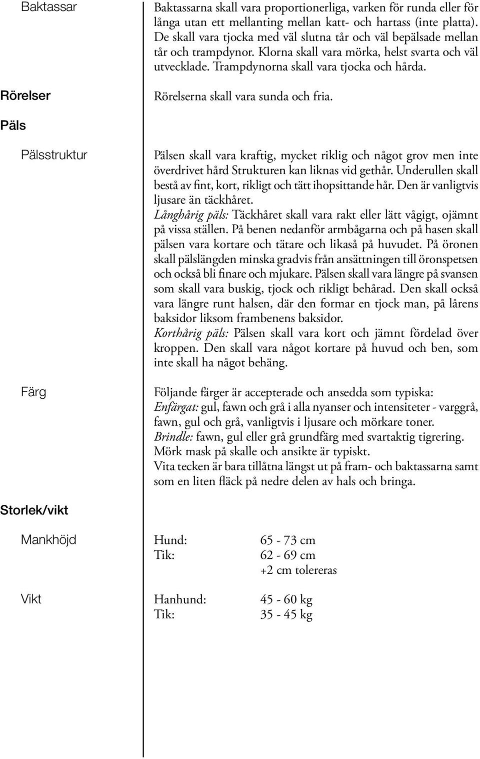 Rörelserna skall vara sunda och fria. Päls Pälsstruktur Färg Pälsen skall vara kraftig, mycket riklig och något grov men inte överdrivet hård Strukturen kan liknas vid gethår.