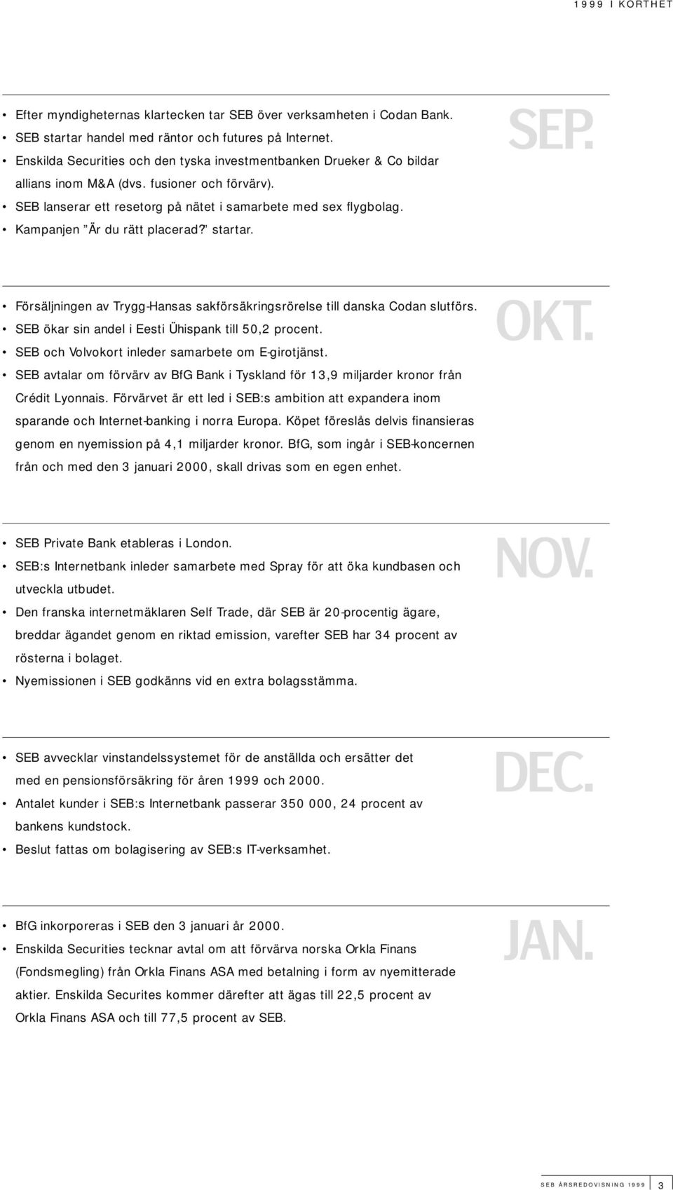 Kampanjen Är du rätt placerad? startar. SEP. Försäljningen av Trygg-Hansas sakförsäkringsrörelse till danska Codan slutförs. SEB ökar sin andel i Eesti Ühispank till 50,2 procent.