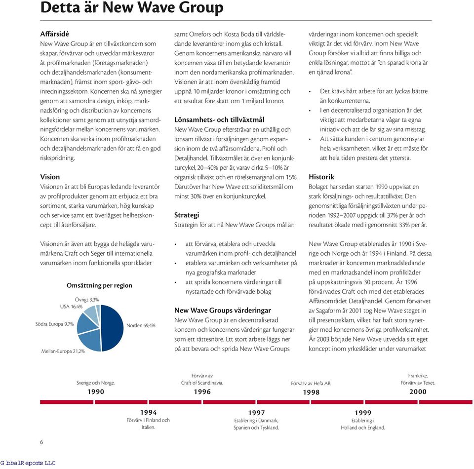 helhetskon Visionen är även att bygga de helägda varu varumärken inom funktionella sportkläder Omsättning per region Genom koncernens amerikanska närvaro vill koncernen växa till en betydande