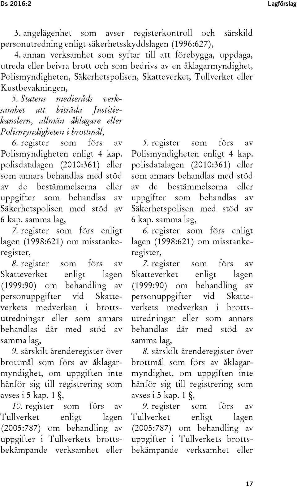 Kustbevakningen, 5. Statens medieråds verksamhet att biträda Justitiekanslern, allmän åklagare eller Polismyndigheten i brottmål, 6. register som förs av Polismyndigheten enligt 4 kap.