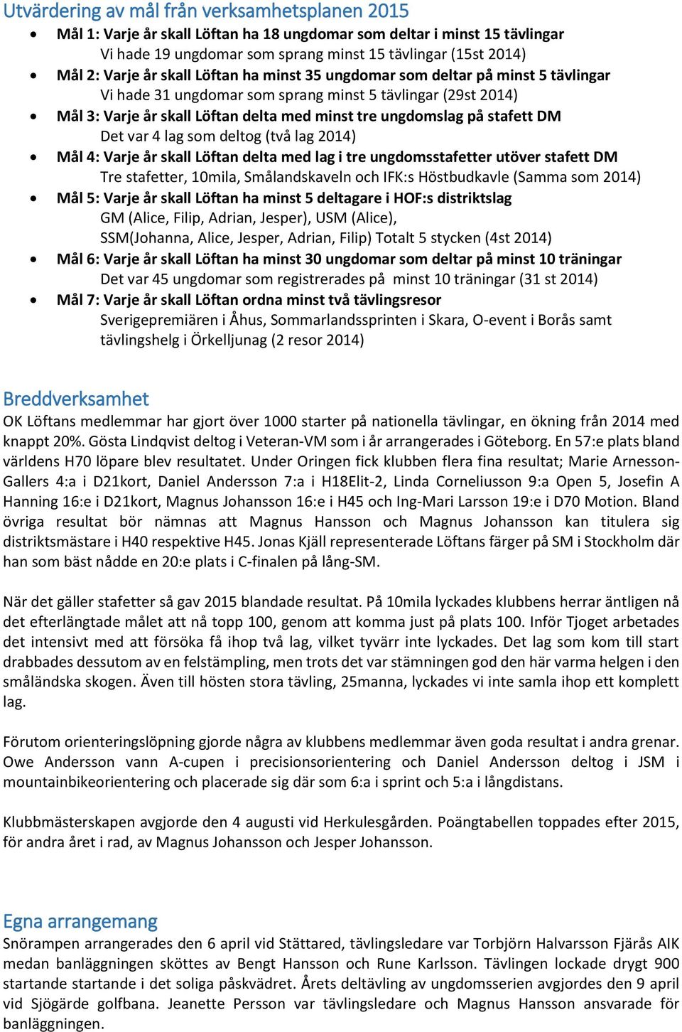 stafett DM Det var 4 lag som deltog (två lag 2014) Mål 4: Varje år skall Löftan delta med lag i tre ungdomsstafetter utöver stafett DM Tre stafetter, 10mila, Smålandskaveln och IFK:s Höstbudkavle