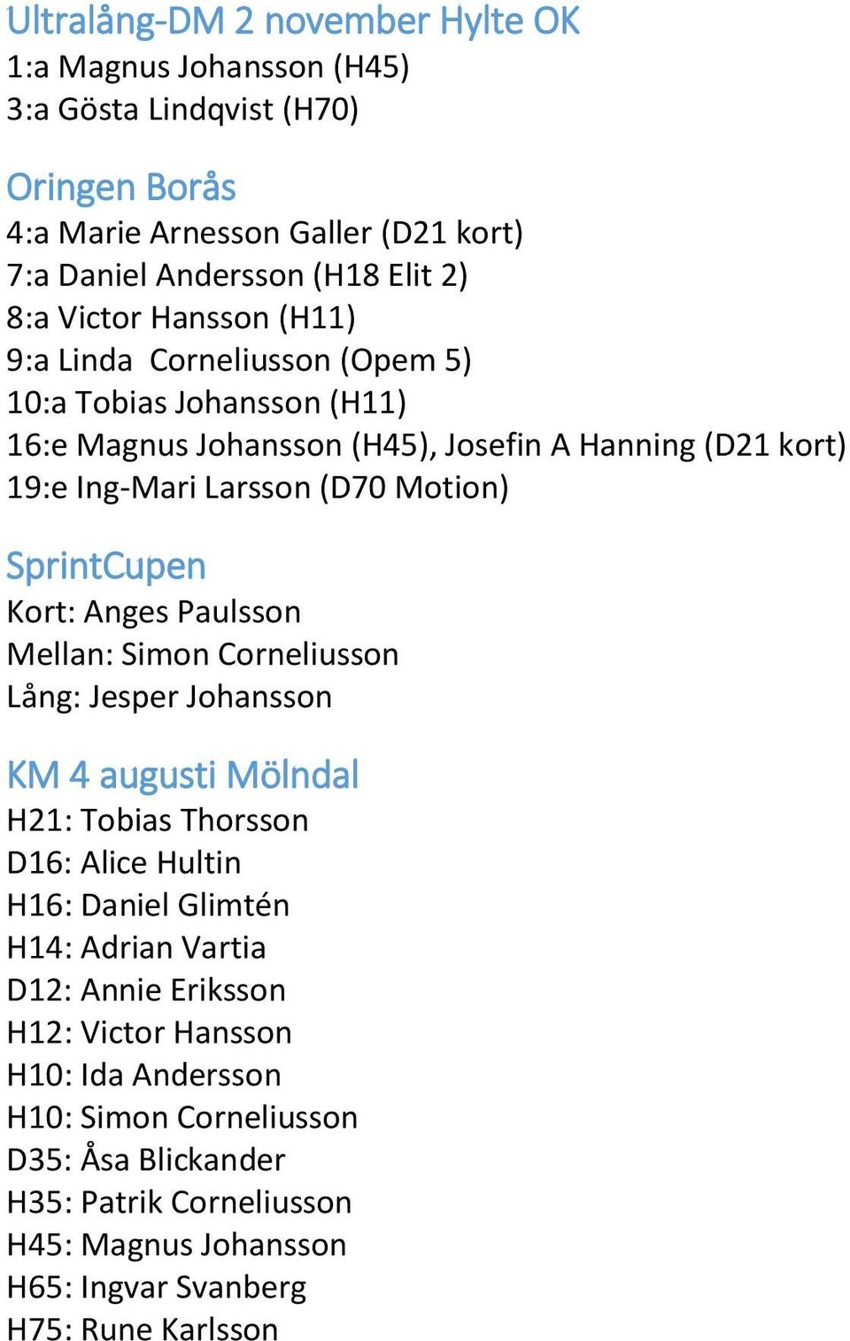 SprintCupen Kort: Anges Paulsson Mellan: Simon Corneliusson Lång: Jesper Johansson KM 4 augusti Mölndal H21: Tobias Thorsson D16: Alice Hultin H16: Daniel Glimtén H14: Adrian