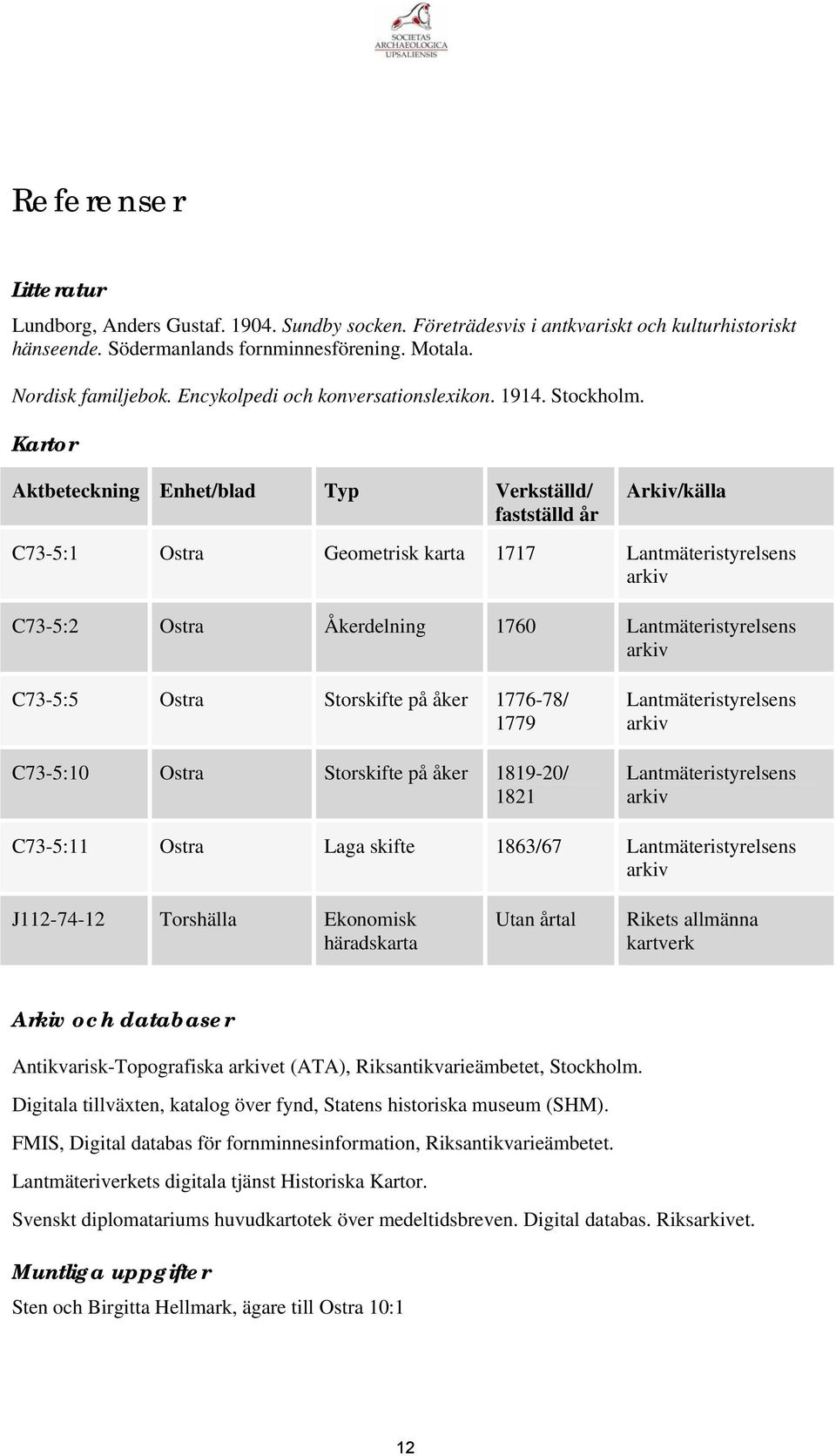 Kartor Aktbeteckning Enhet/blad Typ Verkställd/ fastställd år Arkiv/källa C73-5:1 Ostra Geometrisk karta 1717 Lantmäteristyrelsens arkiv C73-5:2 Ostra Åkerdelning 1760 Lantmäteristyrelsens arkiv