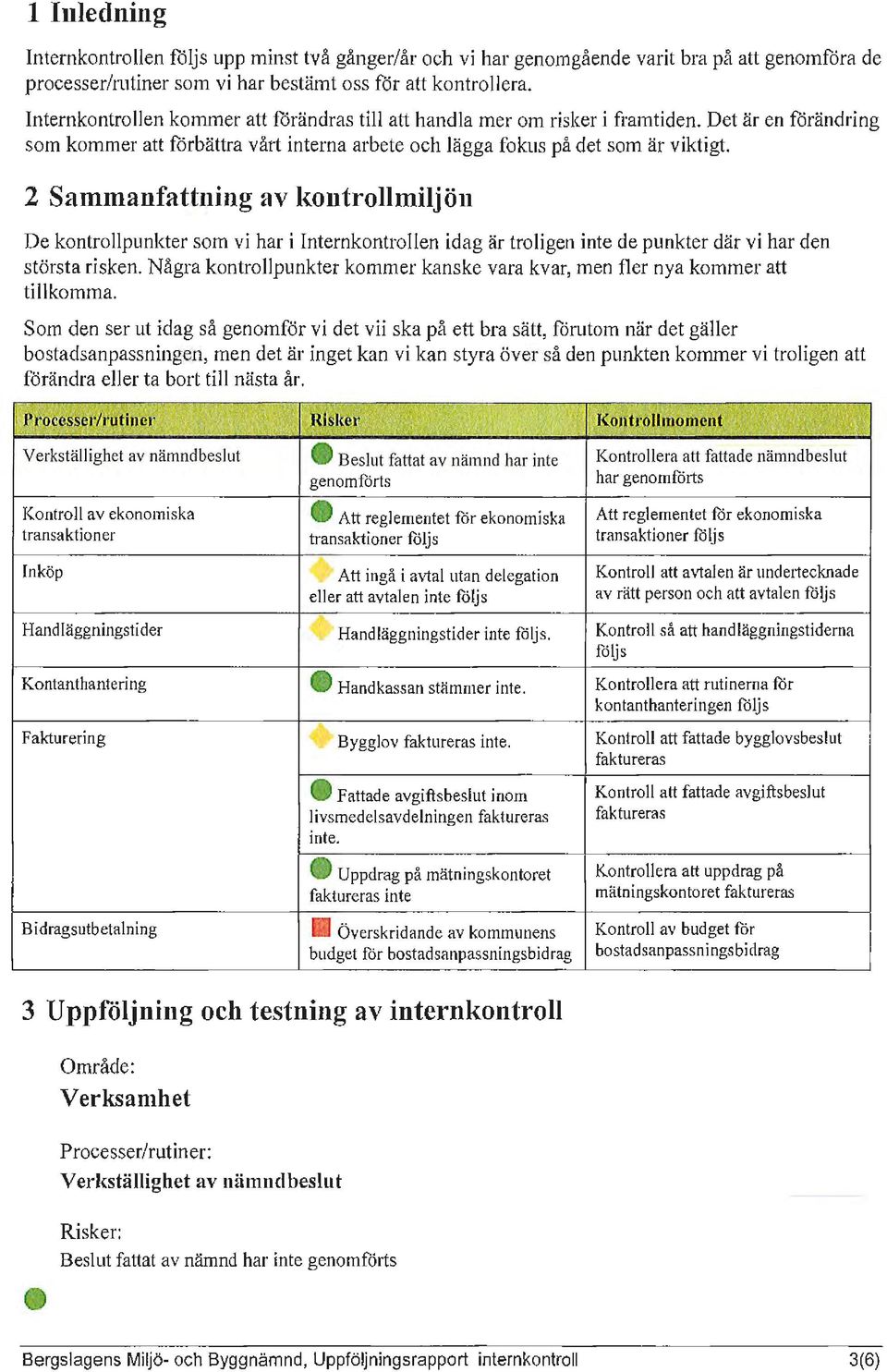 2 Samn1anfattning av kontrollmiljön De kontrollpunkter som vi har i Internkontrollen idag är troligen inte de punkter där vi har den största risken.