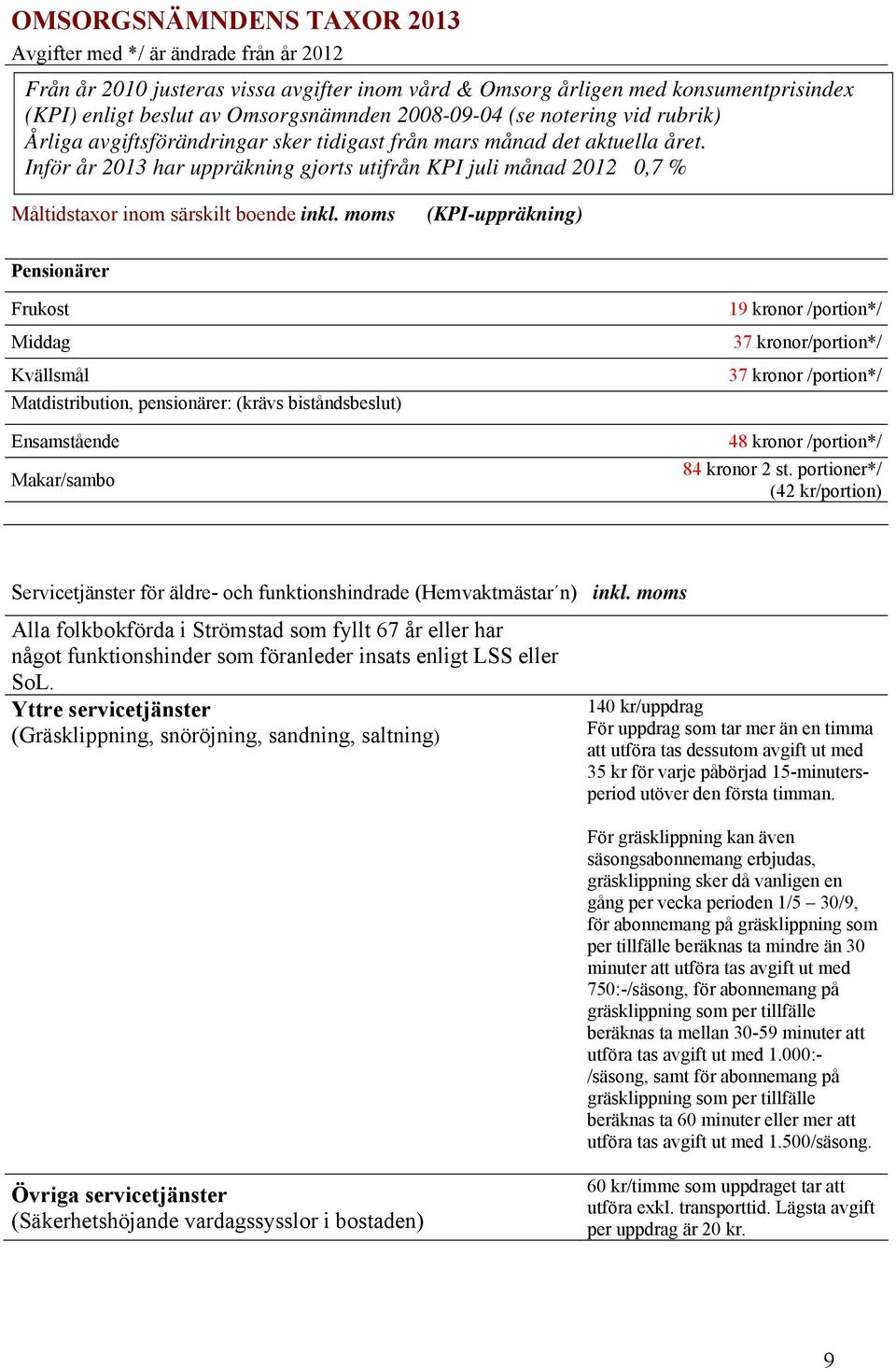 Inför år 2013 har uppräkning gjorts utifrån KPI juli månad 2012 0,7 % Måltidstaxor inom särskilt boende inkl.