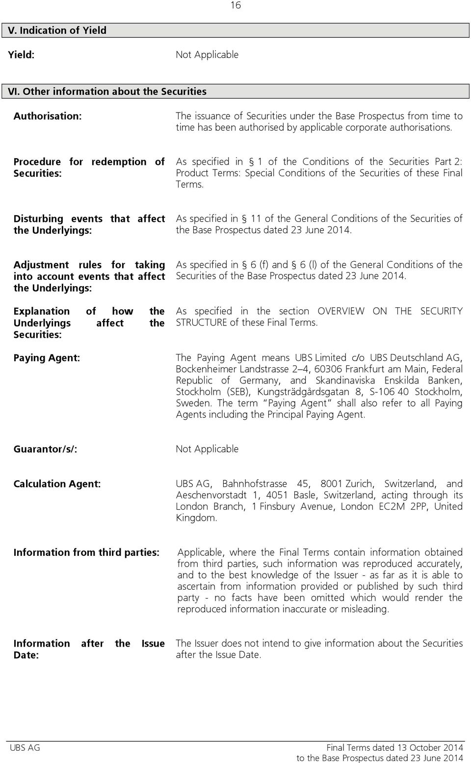 Procedure for redemption of Securities: As specified in 1 of the Conditions of the Securities Part 2: Product Terms: Special Conditions of the Securities of these Final Terms.