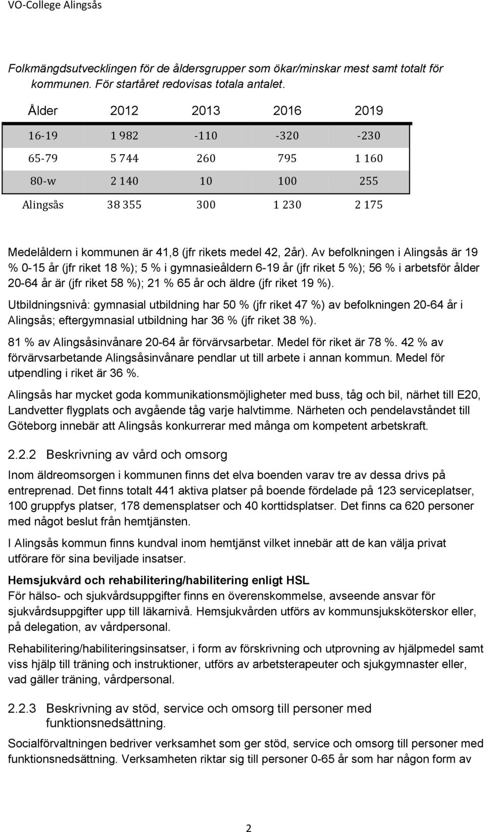 Av befolkningen i Alingsås är 19 % 0-15 år (jfr riket 18 %); 5 % i gymnasieåldern 6-19 år (jfr riket 5 %); 56 % i arbetsför ålder 20-64 år är (jfr riket 58 %); 21 % 65 år och äldre (jfr riket 19 %).