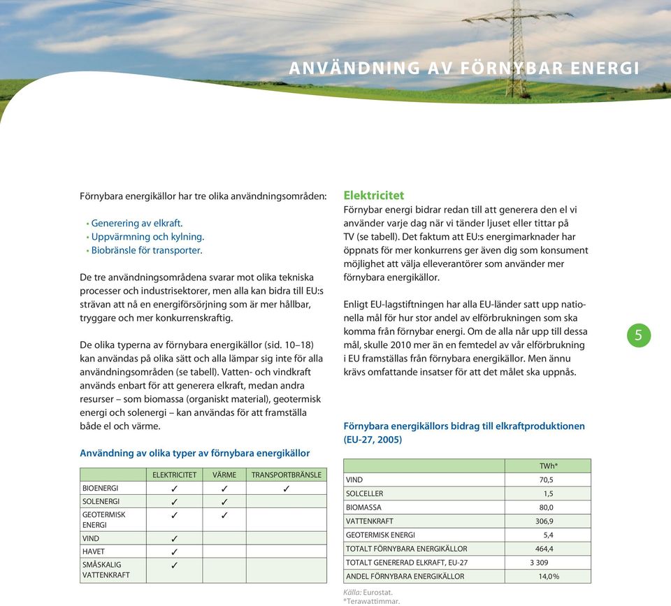 konkurrenskraftig. De olika typerna av förnybara energikällor (sid. 10 18) kan användas på olika sätt och alla lämpar sig inte för alla användningsområden (se tabell).