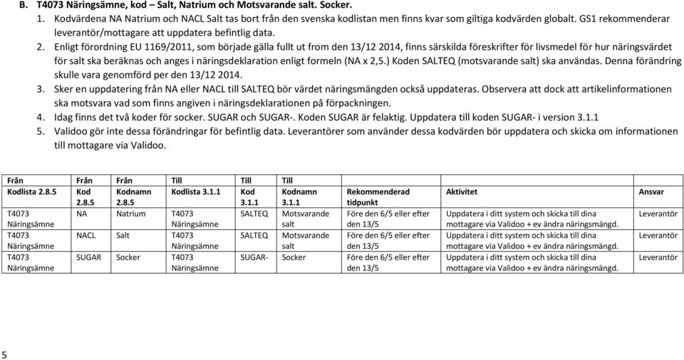 Enligt förordning EU 1169/2011, som började gälla fullt ut from den 13/12 2014, finns särskilda föreskrifter för livsmedel för hur näringsvärdet för salt ska beräknas och anges i näringsdeklaration