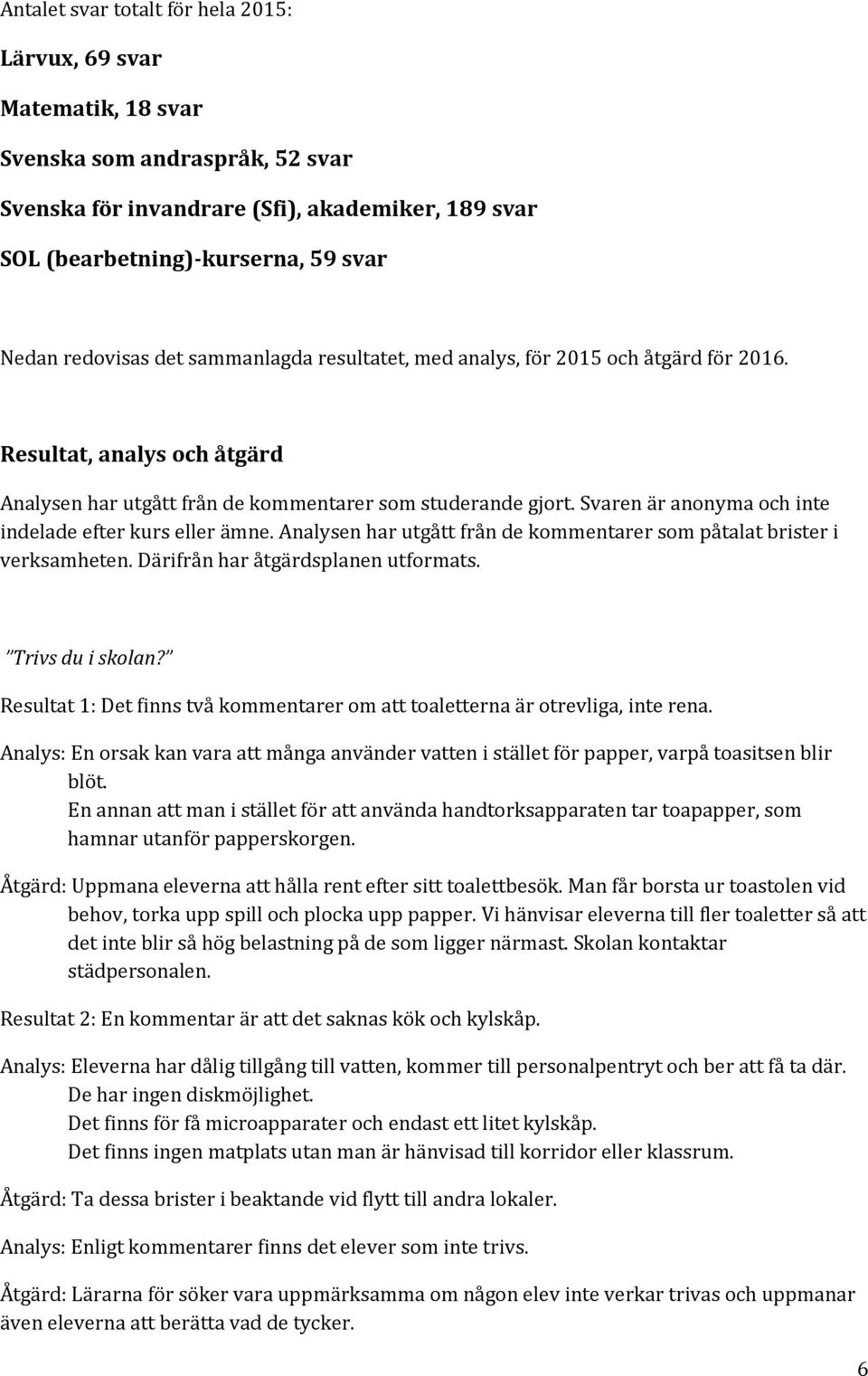 Svaren är anonyma och inte indelade efter kurs eller ämne. Analysen har utgått från de kommentarer som påtalat brister i verksamheten. Därifrån har åtgärdsplanen utformats. Trivs du i skolan?