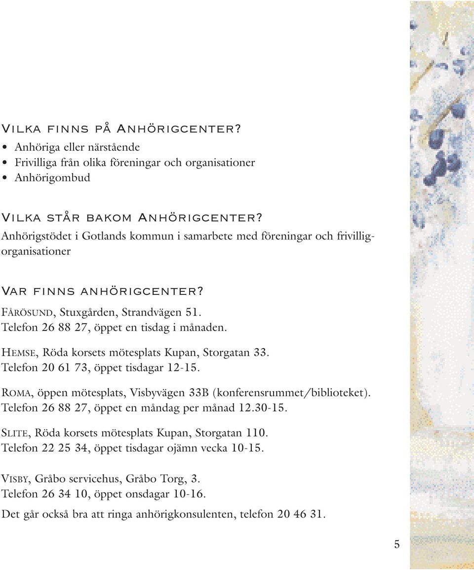 HEMSE, Röda korsets mötesplats Kupan, Storgatan 33. Telefon 20 61 73, öppet tisdagar 12-15. ROMA, öppen mötesplats, Visbyvägen 33B (konferensrummet/biblioteket).