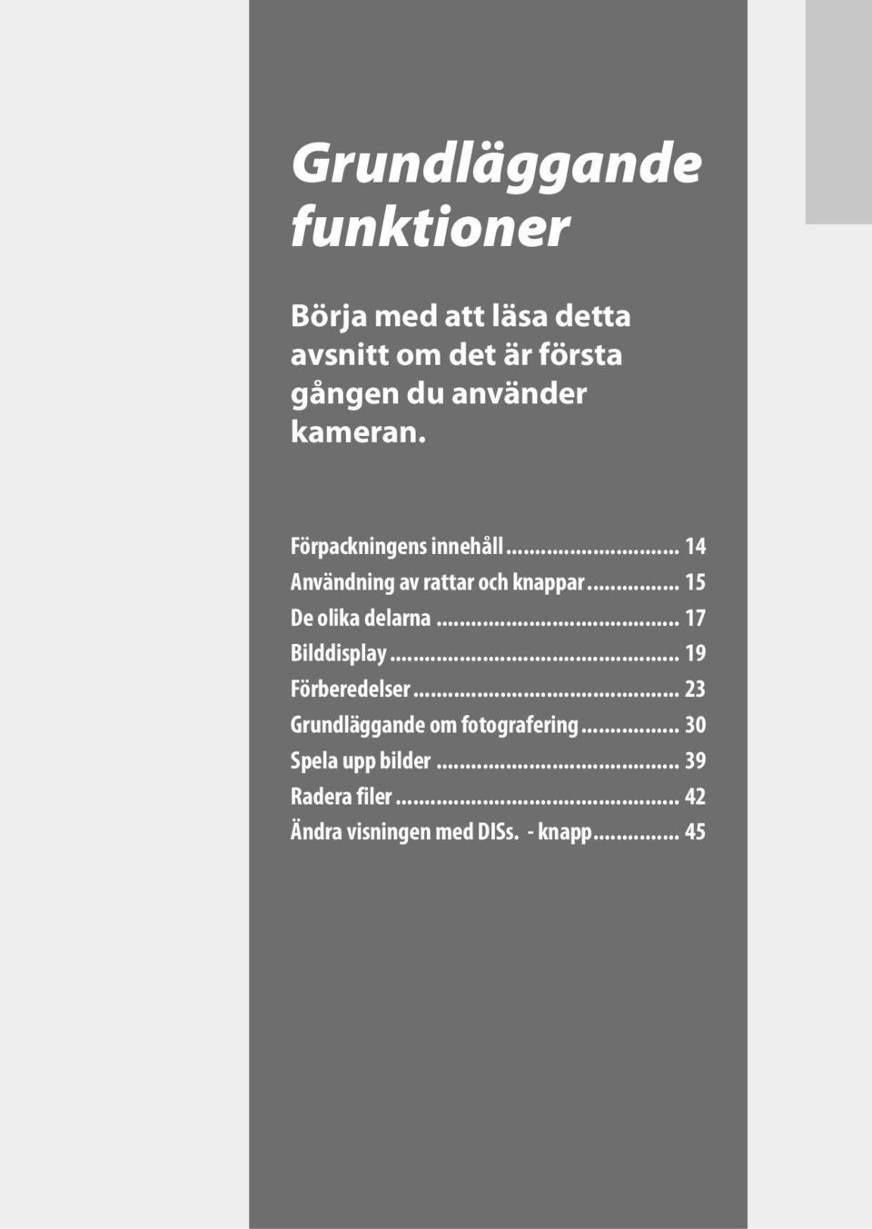 .. 15 De olika delarna... 17 Bilddisplay... 19 Förberedelser.