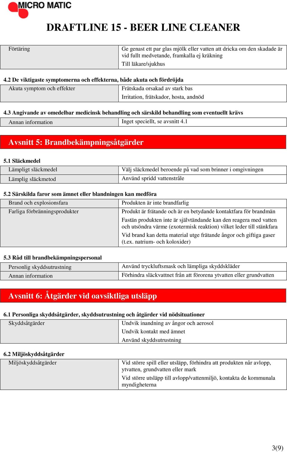 3 Angivande av omedelbar medicinsk behandling och särskild behandling som eventuellt krävs Annan information Inget speciellt, se avsnitt 4.1 Avsnitt 5: Brandbekämpningsåtgärder 5.