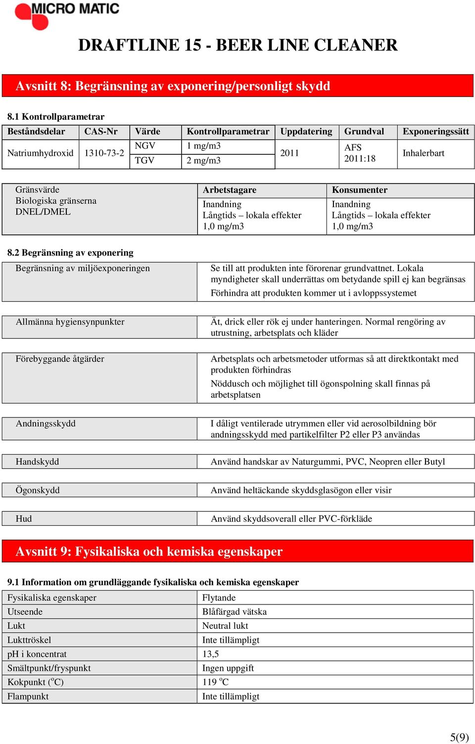 Biologiska gränserna DNEL/DMEL Arbetstagare Inandning Långtids lokala effekter 1,0 mg/m3 Konsumenter Inandning Långtids lokala effekter 1,0 mg/m3 8.