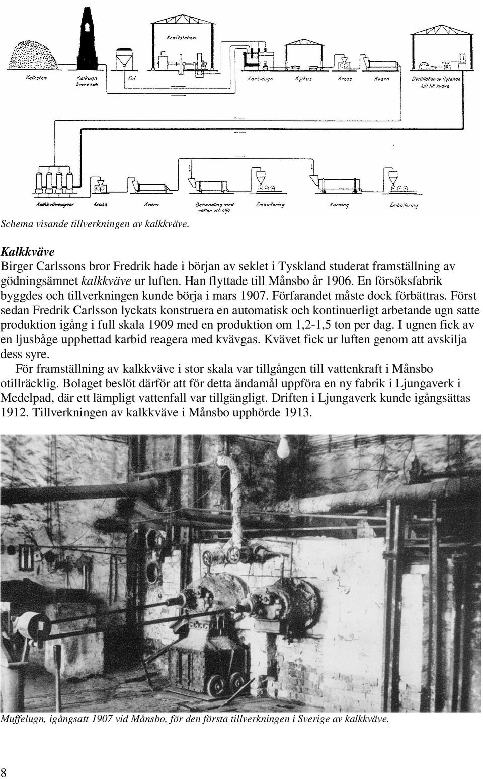 Först sedan Fredrik Carlsson lyckats konstruera en automatisk och kontinuerligt arbetande ugn satte produktion igång i full skala 1909 med en produktion om 1,2-1,5 ton per dag.