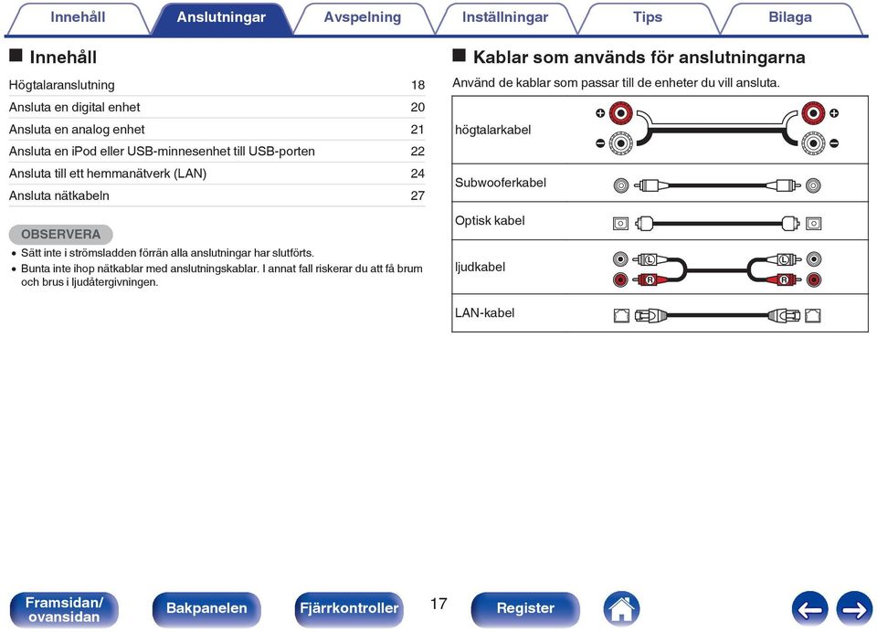 slutförts. 0 Bunta inte ihop nätkablar med anslutningskablar. I annat fall riskerar du att få brum och brus i ljudåtergivningen.