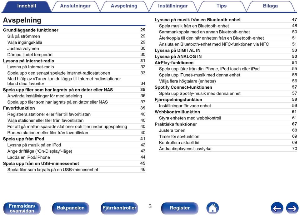 inställningar för mediadelning 36 Spela upp filer som har lagrats på en dator eller NAS 37 Favoritfunktion 39 Registrera stationer eller filer till favoritlistan 40 Välja stationer eller filer från