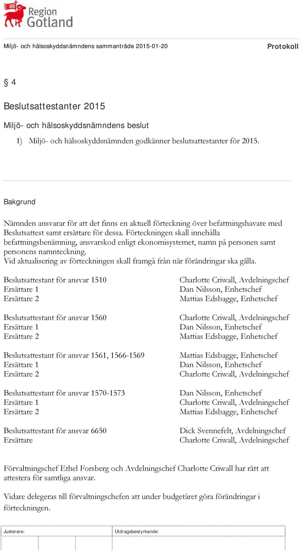 Förteckningen skall innehålla befattningsbenämning, ansvarskod enligt ekonomisystemet, namn på personen samt personens namnteckning.