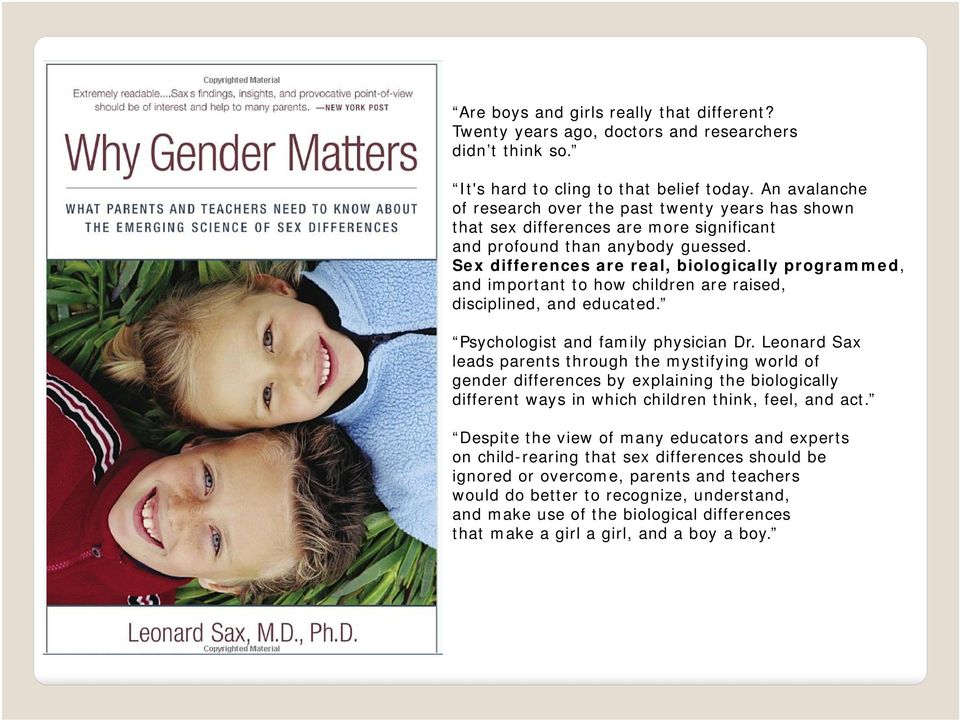 Sex differences are real, biologically programmed, and important to how children are raised, disciplined, and educated. Psychologist and family physician Dr.