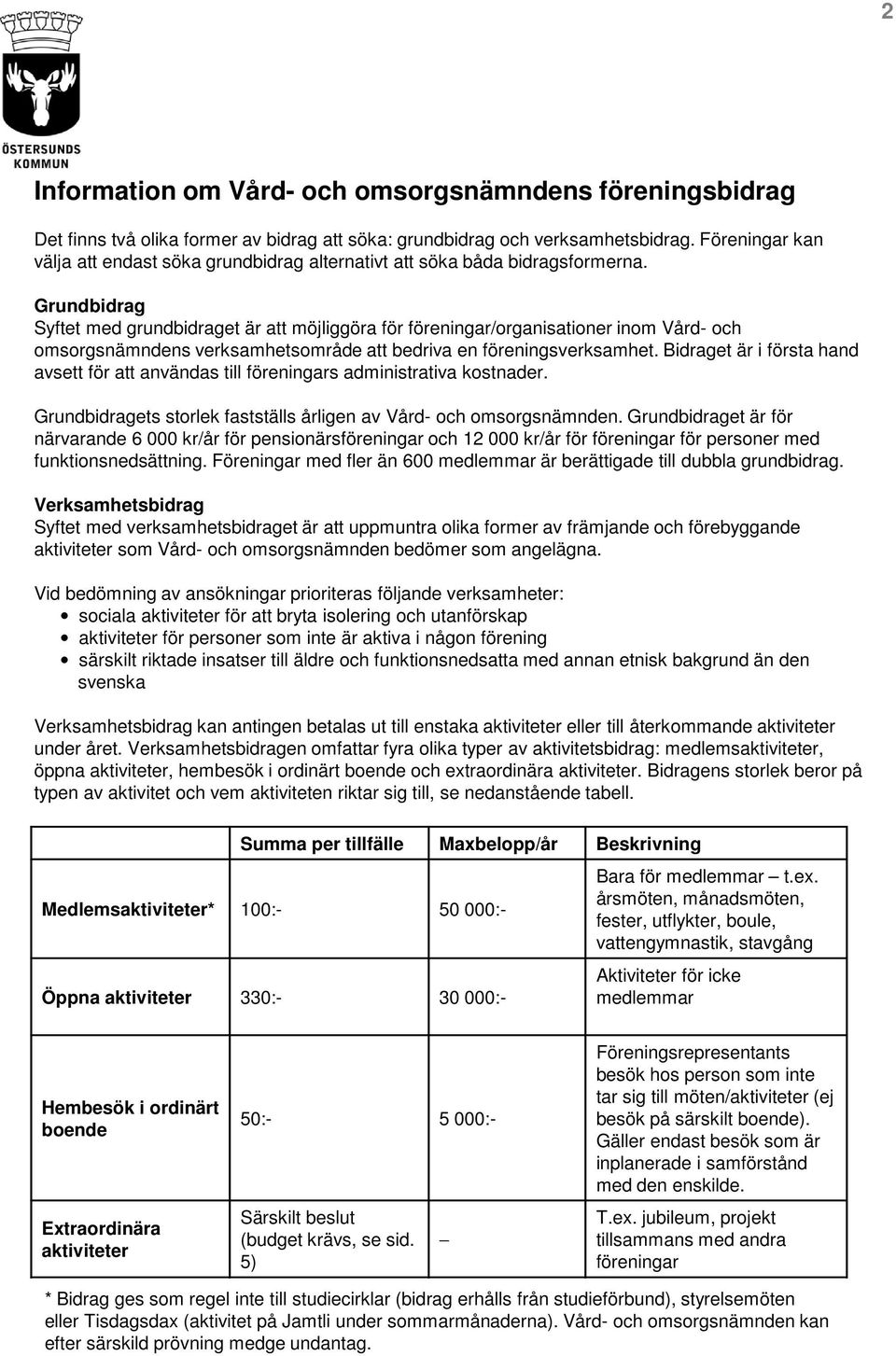 Grundbidrag Syftet med grundbidraget är att möjliggöra för föreningar/organisationer inom Vård- och omsorgsnämndens verksamhetsområde att bedriva en föreningsverksamhet.