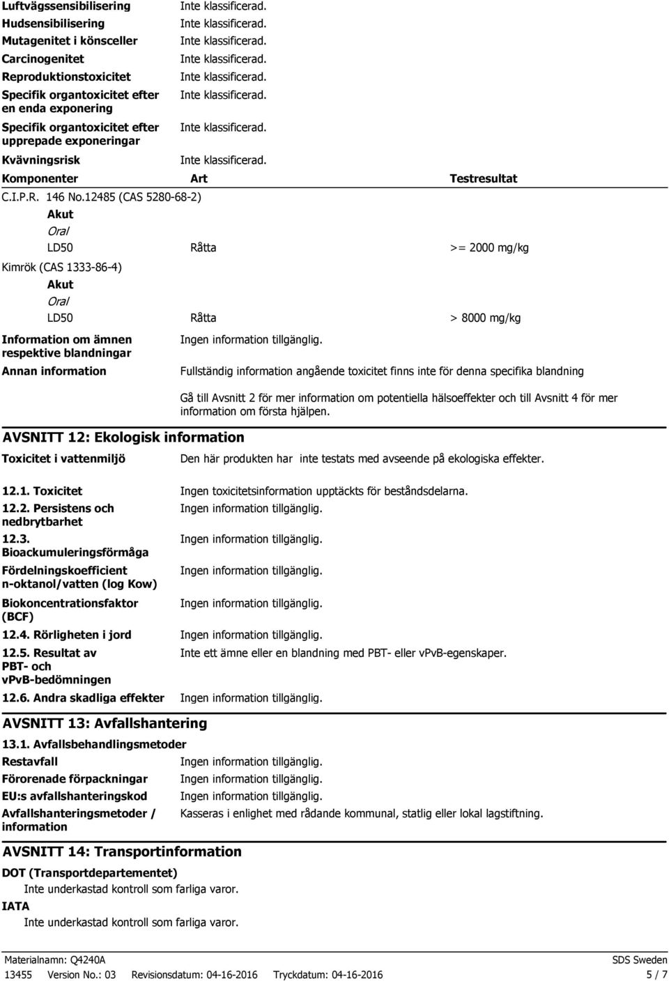 12485 (CAS 5280682) Akut Oral LD50 Råtta Testresultat >= 2000 mg/kg Kimrök (CAS 1333864) Akut Oral LD50 Information om ämnen respektive blandningar Råtta > 8000 mg/kg Annan information Fullständig