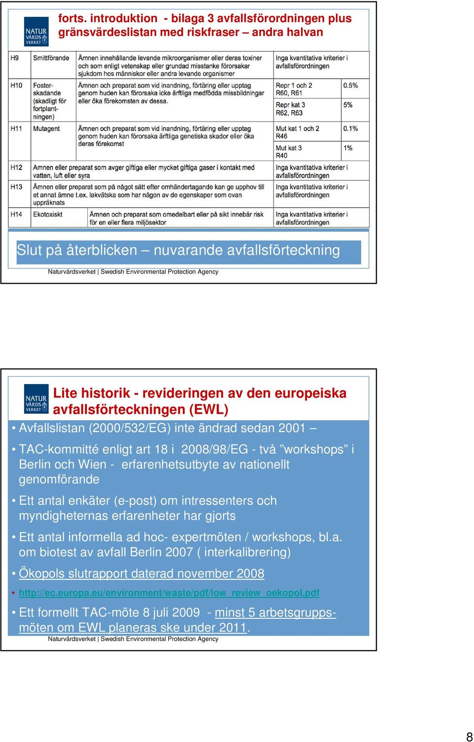 avfallsförteckningen (EWL) Avfallslistan (2000/532/EG) inte ändrad sedan 2001 TAC-kommitté enligt art 18 i 2008/98/EG - två workshops i Berlin och Wien - erfarenhetsutbyte av nationellt genomförande