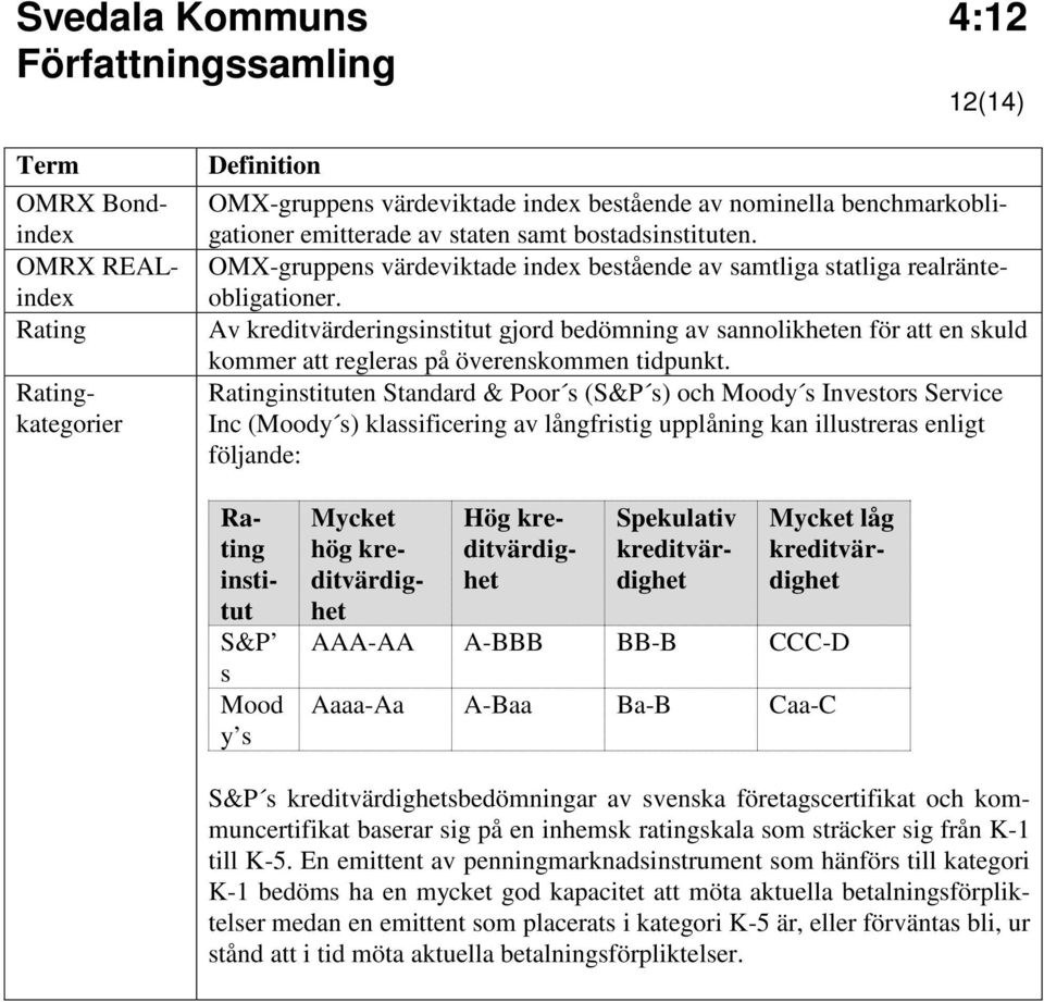 Av kreditvärderingsinstitut gjord bedömning av sannolikheten för att en skuld kommer att regleras på överenskommen tidpunkt.