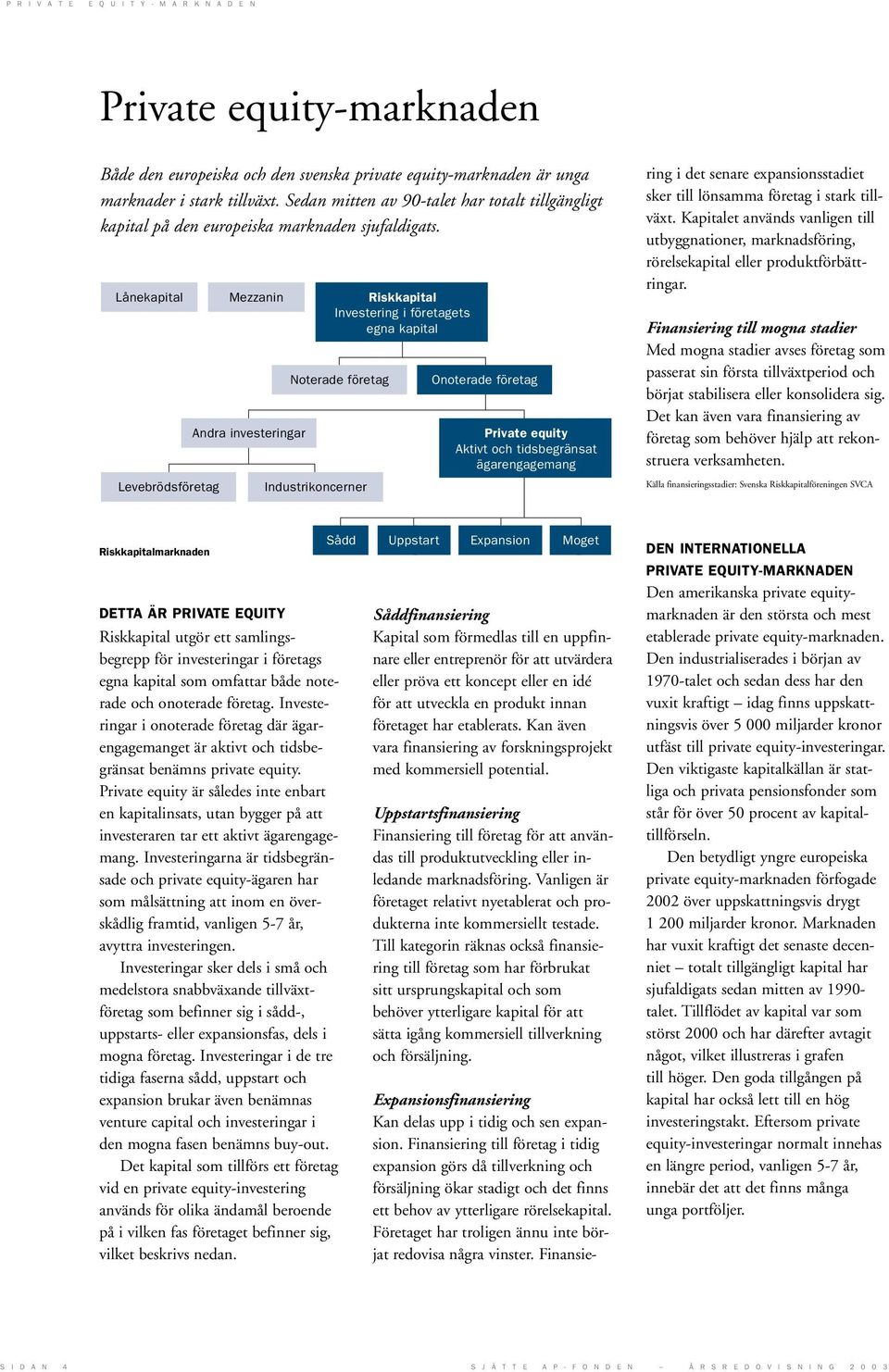 Lånekapital Mezzanin Riskkapital Investering i företagets egna kapital Levebrödsföretag Andra investeringar Noterade företag Industrikoncerner Onoterade företag Private equity Aktivt och