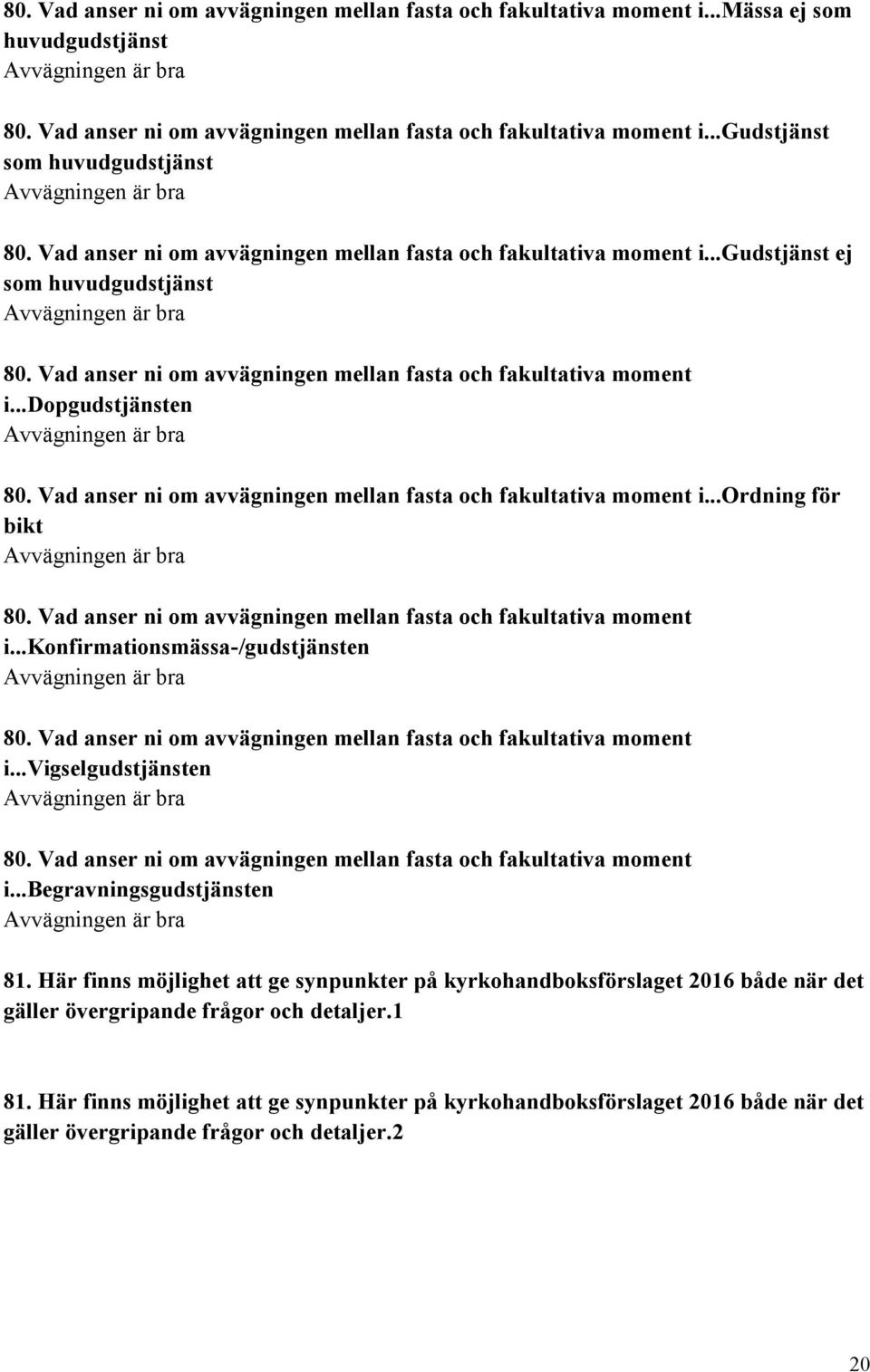 ..dopgudstjänsten Avvägningen är bra 80. Vad anser ni om avvägningen mellan fasta och fakultativa moment i...ordning för bikt Avvägningen är bra 80.