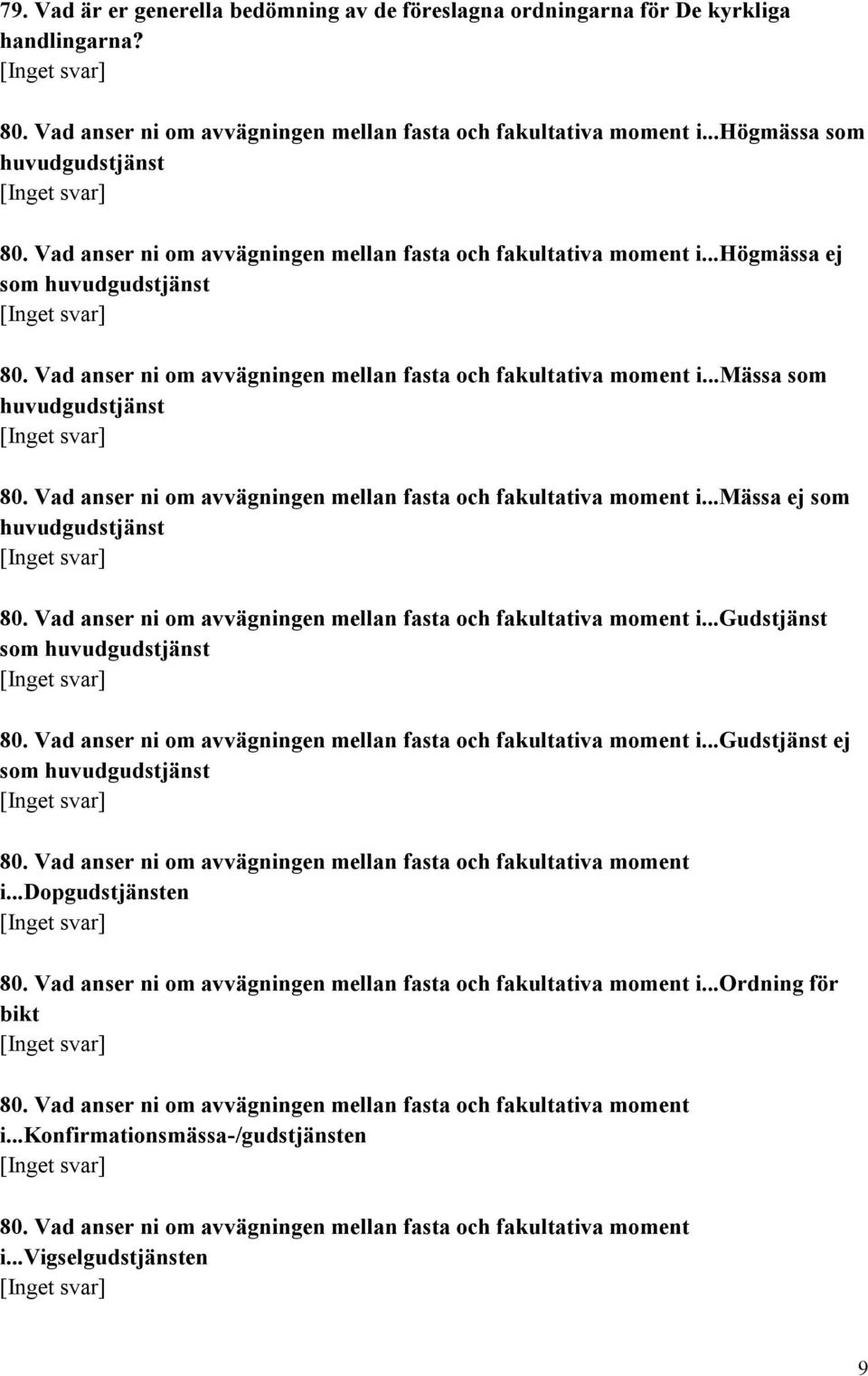 Vad anser ni om avvägningen mellan fasta och fakultativa moment i...mässa ej som huvudgudstjänst 80. Vad anser ni om avvägningen mellan fasta och fakultativa moment i.