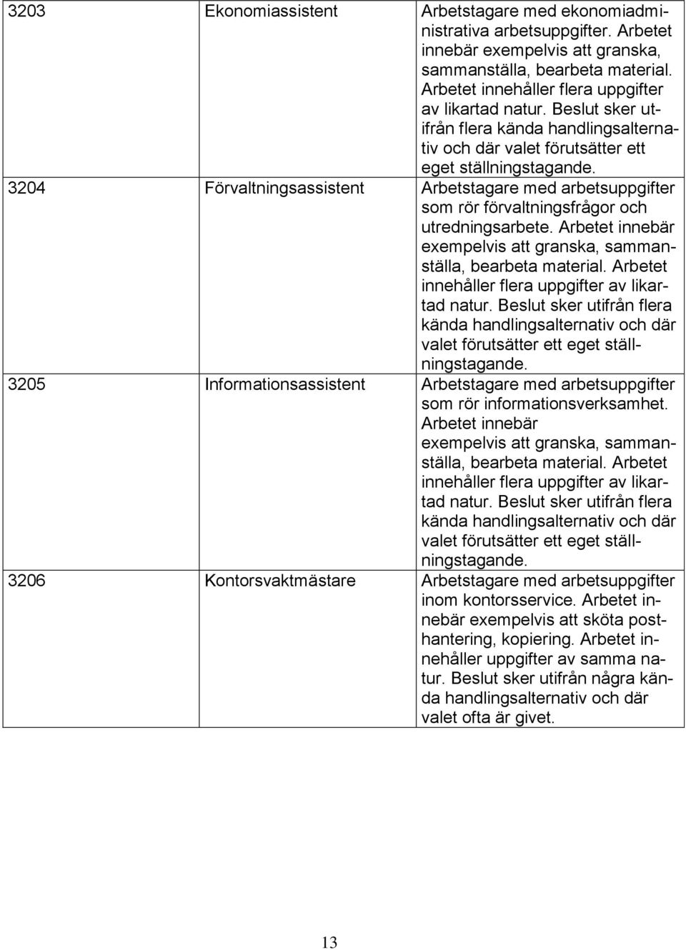 3204 Förvaltningsassistent Arbetstagare med arbetsuppgifter som rör förvaltningsfrågor och utredningsarbete. Arbetet innebär exempelvis att granska, sammanställa, bearbeta material.