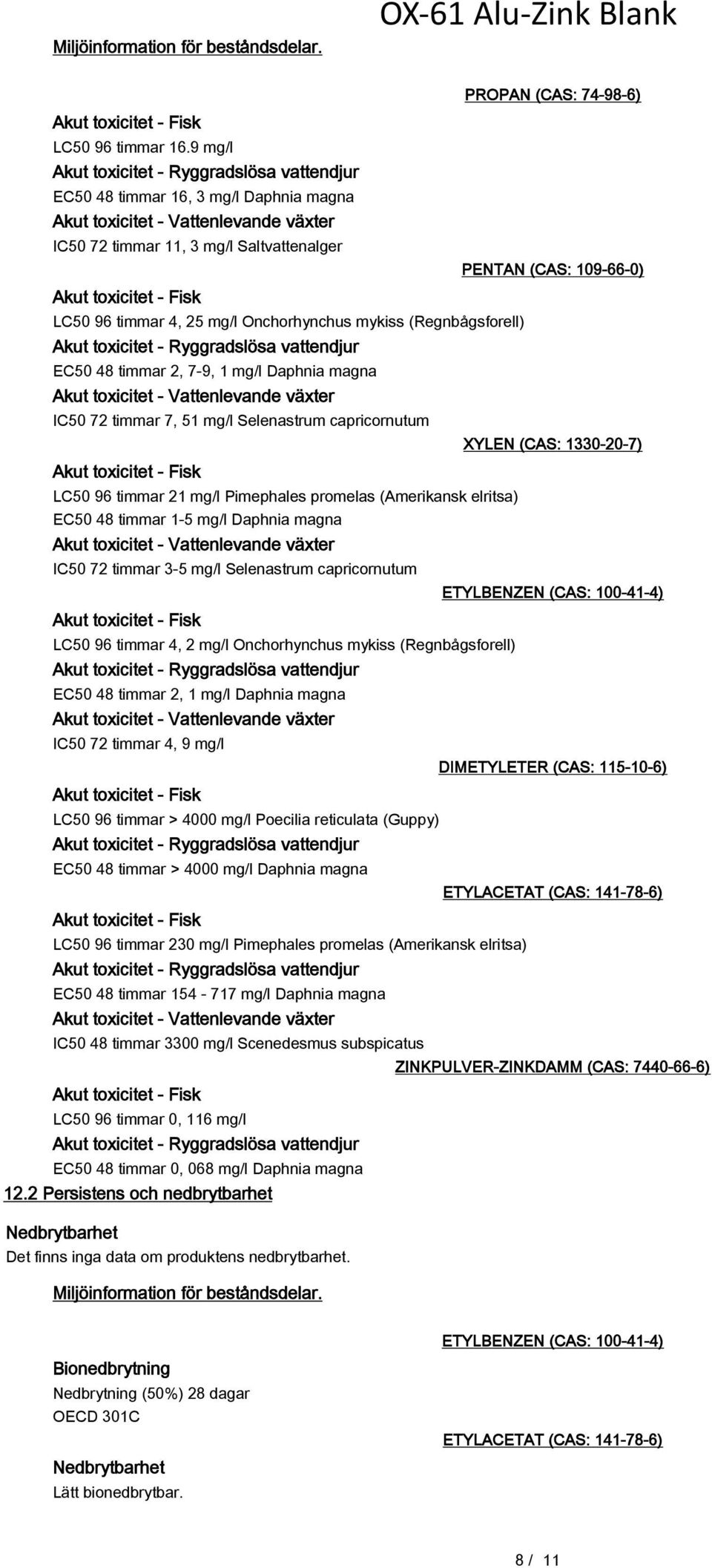 timmar 2, 7-9, 1 mg/l Daphnia magna Akut toxicitet - Vattenlevande växter IC50 72 timmar 7, 51 mg/l Selenastrum capricornutum LC50 96 timmar 21 mg/l Pimephales promelas (Amerikansk elritsa) EC50 48