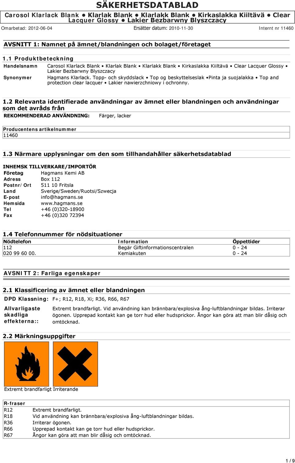 2 Relevanta identifierade användningar av ämnet eller blandningen och användningar som det avråds från REKOMMENDERAD ANVÄNDNING: Färger, lacker Producentens artikelnummer 11460 1.