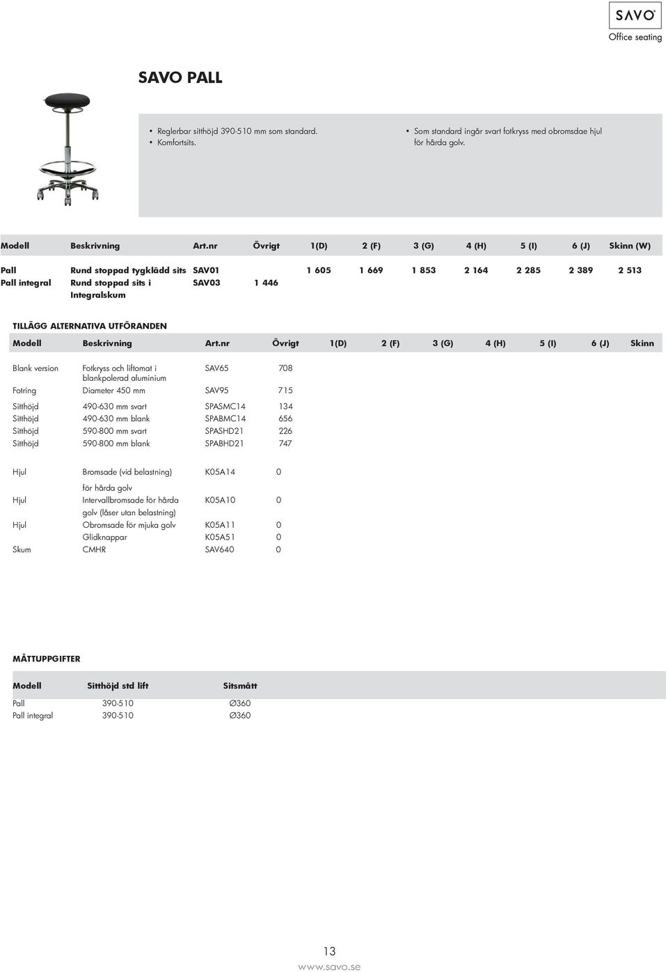 nr Övrigt 1(D) 2 (F) 3 (G) 4 (H) 5 (I) 6 (J) Skinn Blank version Fotkryss och liftomat i SAV65 708 Fotring Diameter 450 mm SAV95 715 Sitthöjd 490-630 mm svart SPASMC14 134 Sitthöjd 490-630 mm blank