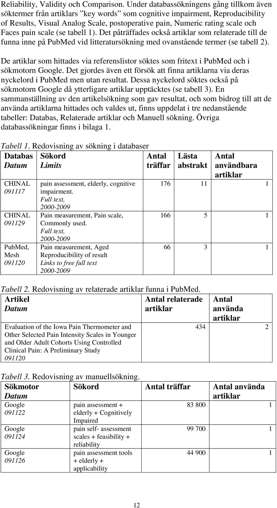 Faces pain scale (se tabell 1). Det påträffades också artiklar som relaterade till de funna inne på PubMed vid litteratursökning med ovanstående termer (se tabell 2).