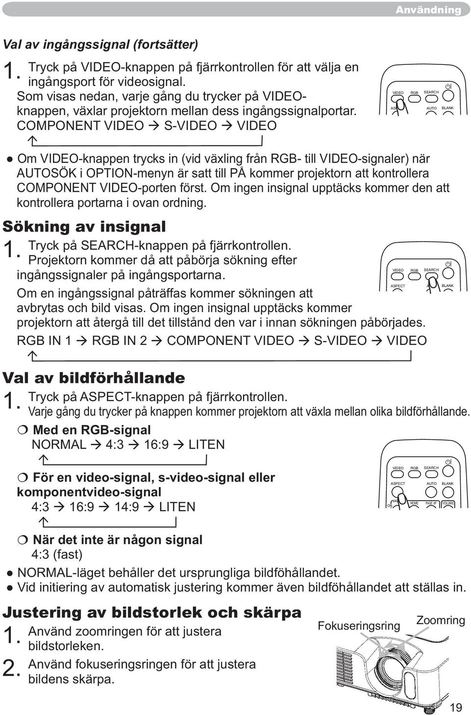 VIDEO-porten först. Om ingen insignal upptäcks kommer den att kontrollera portarna i ovan ordning. Sökning av insignal Tryck på SEARCH-knappen på fjärrkontrollen. 1.