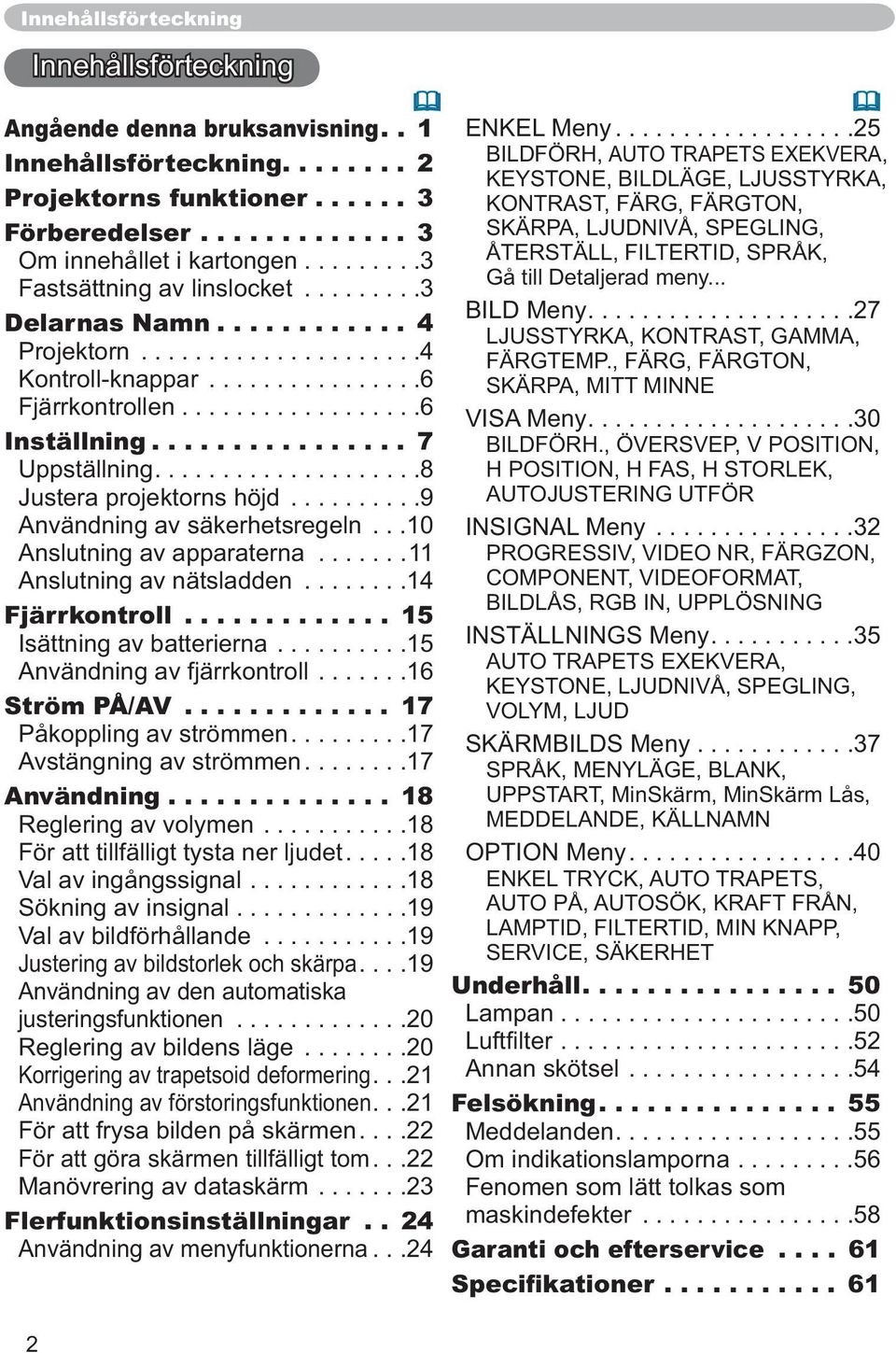 ..3 ÅTERSTÄLL, FILTERTID, SPRÅK, Gå till Detaljerad meny... Fastsättning av linslocket....3 BILD Meny...27 Delarnas Namn... 4 LJUSSTYRKA, KONTRAST, GAMMA, Projektorn....4 FÄRGTEMP.