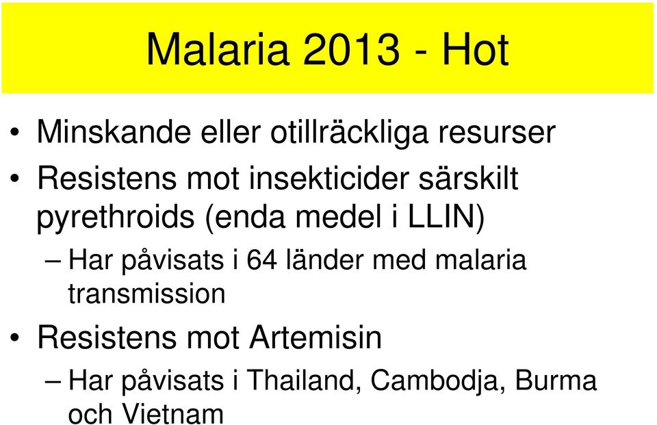 LLIN) Har påvisats i 64 länder med malaria transmission