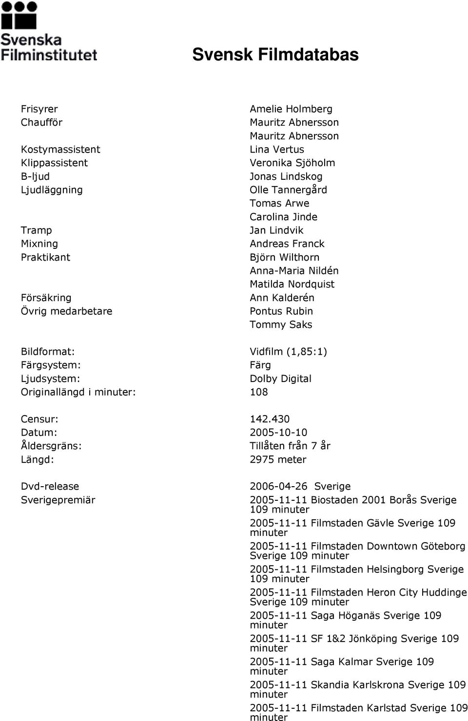 (1,85:1) Färgsystem: Färg Ljudsystem: Dolby Digital Originallängd i : 108 Censur: 142.