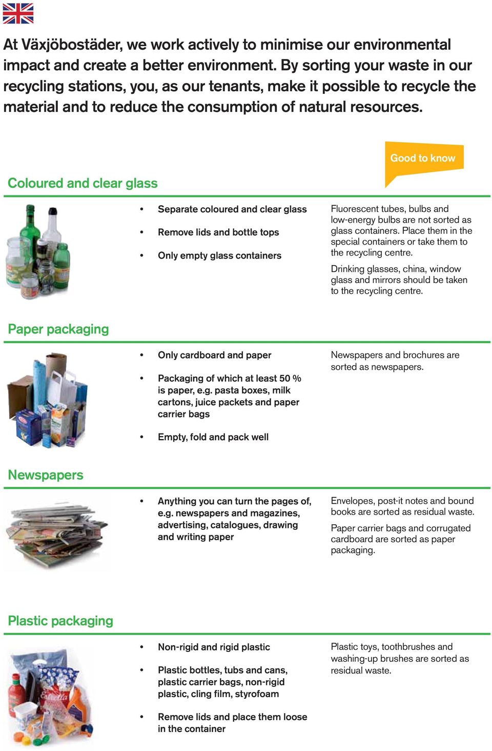 Coloured and clear glass Good to know Separate coloured and clear glass Remove lids and bottle tops Only empty glass containers Fluorescent tubes, bulbs and low-energy bulbs are not sorted as glass