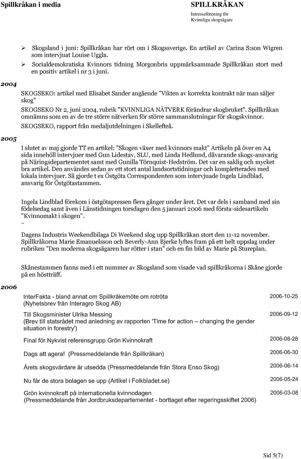 2004 2005 SKOGSEKO: artikel med Elisabet Sander angående Vikten av korrekta kontrakt när man säljer skog SKOGSEKO Nr 2, juni 2004, rubrik "KVINNLIGA NÄTVERK förändrar skogbruket".