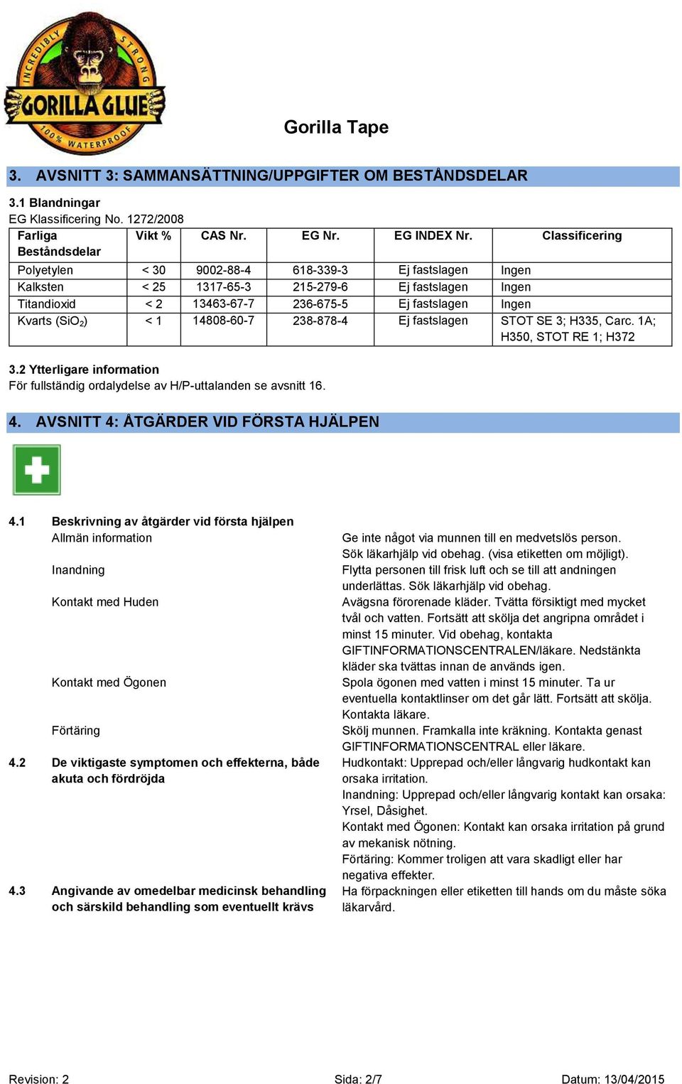 1 14808-60-7 238-878-4 Ej fastslagen STOT SE 3; H335, Carc. 1A; H350, STOT RE 1; H372 3.2 Ytterligare information För fullständig ordalydelse av H/P-uttalanden se avsnitt 16. 4.