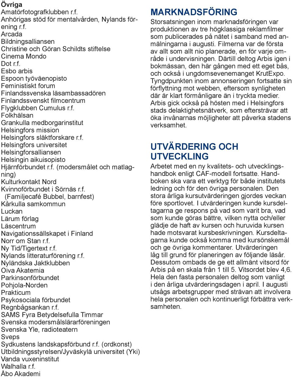 f. (Familjecafé Bubbel, barnfest) Kårkulla samkommun Luckan Lärum förlag Läscentrum Navigationssällskapet i Finland Norr om Stan r.f. Ny Tid/Tigertext r.f. Nylands litteraturförening r.f. Nyländska Jaktklubben Oiva Akatemia Parkinsonförbundet Pohjola-Norden Prakticum Psykosociala förbundet Regnbågsankan r.